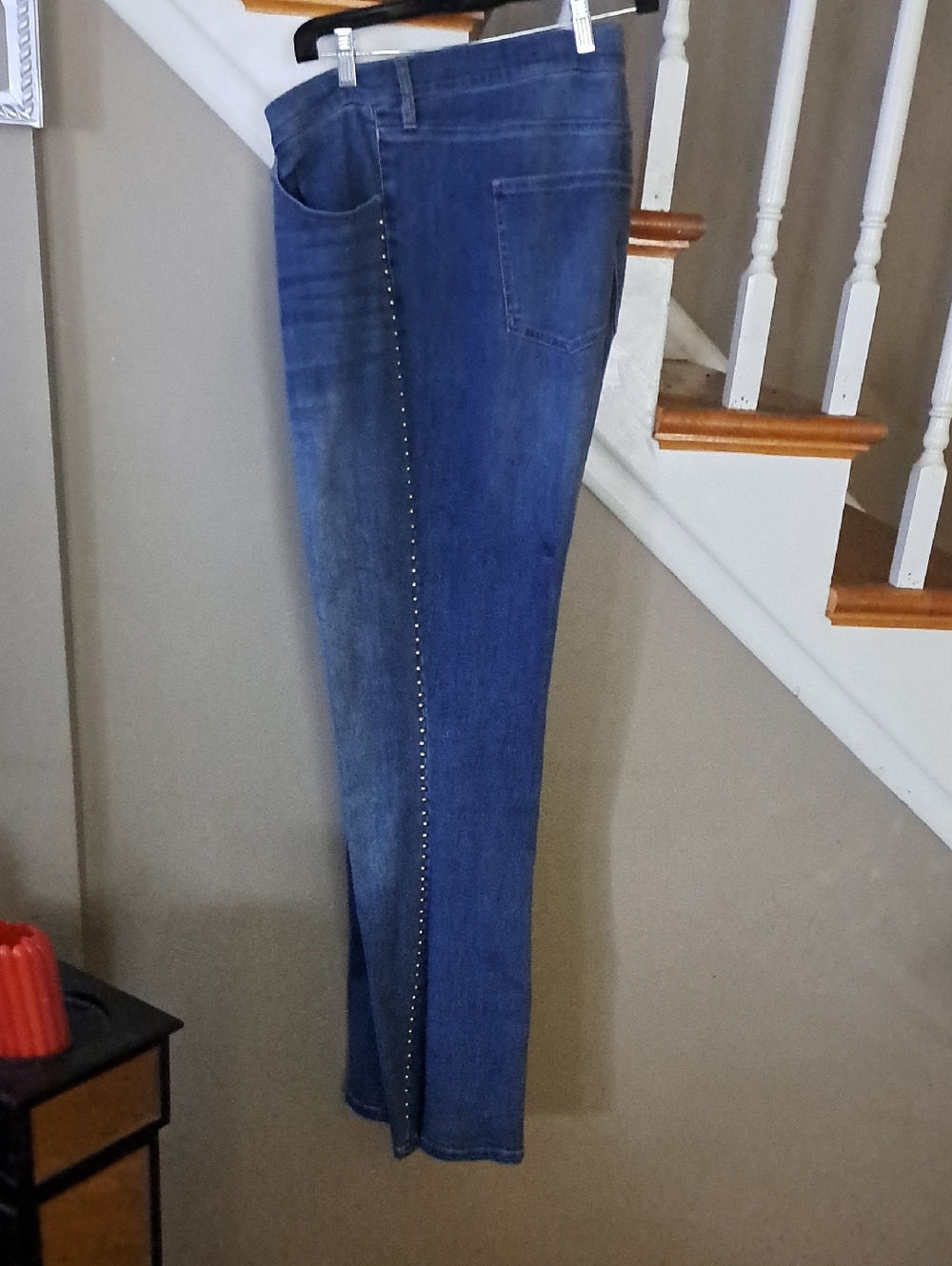 Fashion Nova Straight Leg Jeans in Dark Blue with Side Stud Trim